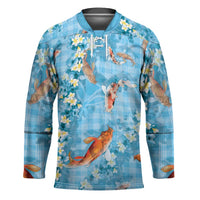 Blue Palaka Hawaiian And Japanese Hockey Jersey Sakura Lei With Koi Fish DT05 Unisex Blue - Polynesian Pride