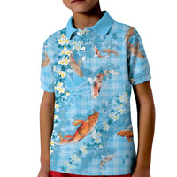 Blue Palaka Hawaiian And Japanese Kid Polo Shirt Sakura Lei With Koi Fish DT05 Kid Blue - Polynesian Pride