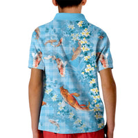 Blue Palaka Hawaiian And Japanese Kid Polo Shirt Sakura Lei With Koi Fish DT05 - Polynesian Pride