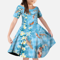 Blue Palaka Hawaiian And Japanese Kid Short Sleeve Dress Sakura Lei With Koi Fish DT05 KID Blue - Polynesian Pride