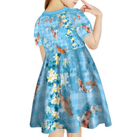 Blue Palaka Hawaiian And Japanese Kid Short Sleeve Dress Sakura Lei With Koi Fish DT05 - Polynesian Pride