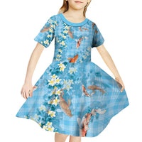 Blue Palaka Hawaiian And Japanese Kid Short Sleeve Dress Sakura Lei With Koi Fish DT05 - Polynesian Pride