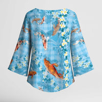Blue Palaka Hawaiian And Japanese Kimono Sleeve Blouse Sakura Lei With Koi Fish DT05 - Polynesian Pride