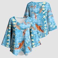 Blue Palaka Hawaiian And Japanese Kimono Sleeve Blouse Sakura Lei With Koi Fish DT05 - Polynesian Pride