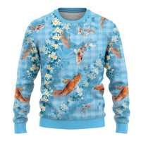 Blue Palaka Hawaiian And Japanese Ugly Christmas Sweater Sakura Lei With Koi Fish - Polynesian Pride