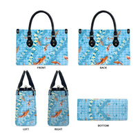 Blue Palaka Hawaiian And Japanese Leather Bag Sakura Lei With Koi Fish - Polynesian Pride