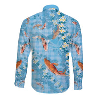 Blue Palaka Hawaiian And Japanese Long Sleeve Button Shirt Sakura Lei With Koi Fish DT05 - Polynesian Pride