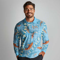 Blue Palaka Hawaiian And Japanese Long Sleeve Polo Shirt Sakura Lei With Koi Fish DT05 - Polynesian Pride