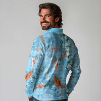 Blue Palaka Hawaiian And Japanese Long Sleeve Polo Shirt Sakura Lei With Koi Fish DT05 - Polynesian Pride