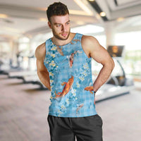 Blue Palaka Hawaiian And Japanese Men Tank Top Sakura Lei With Koi Fish DT05 Blue - Polynesian Pride