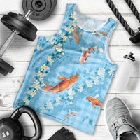 Blue Palaka Hawaiian And Japanese Men Tank Top Sakura Lei With Koi Fish DT05 - Polynesian Pride
