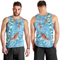 Blue Palaka Hawaiian And Japanese Men Tank Top Sakura Lei With Koi Fish DT05 - Polynesian Pride