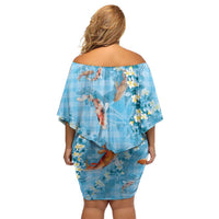 Blue Palaka Hawaiian And Japanese Off Shoulder Short Dress Sakura Lei With Koi Fish - Polynesian Pride