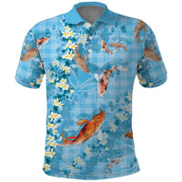 Blue Palaka Hawaiian And Japanese Polo Shirt Sakura Lei With Koi Fish - Polynesian Pride