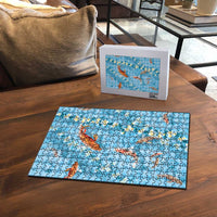 Blue Palaka Hawaiian And Japanese Puzzle Sakura Lei With Koi Fish DT05 - Polynesian Pride