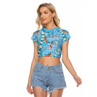 Blue Palaka Hawaiian And Japanese Raglan Cropped T Shirt Sakura Lei With Koi Fish DT05 Female Blue - Polynesian Pride