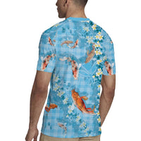 Blue Palaka Hawaiian And Japanese Rugby Jersey Sakura Lei With Koi Fish - Polynesian Pride