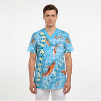 Blue Palaka Hawaiian And Japanese Scrub Top Sakura Lei With Koi Fish DT05 - Polynesian Pride