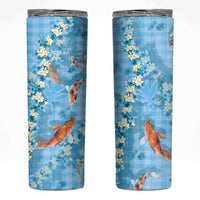 Blue Palaka Hawaiian And Japanese Skinny Tumbler Sakura Lei With Koi Fish DT05 Blue - Polynesian Pride