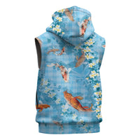 Blue Palaka Hawaiian And Japanese Sleeveless Hoodie Sakura Lei With Koi Fish DT05 - Polynesian Pride