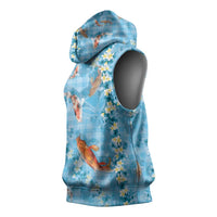 Blue Palaka Hawaiian And Japanese Sleeveless Hoodie Sakura Lei With Koi Fish DT05 - Polynesian Pride