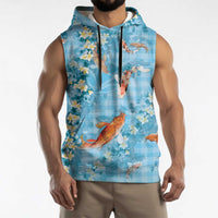 Blue Palaka Hawaiian And Japanese Sleeveless Hoodie Sakura Lei With Koi Fish DT05 - Polynesian Pride