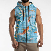 Blue Palaka Hawaiian And Japanese Sleeveless Zip Hoodie Sakura Lei With Koi Fish DT05 - Polynesian Pride