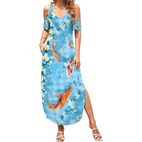 Blue Palaka Hawaiian And Japanese Summer Maxi Dress Sakura Lei With Koi Fish - Polynesian Pride
