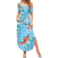Blue Palaka Hawaiian And Japanese Summer Maxi Dress Sakura Lei With Koi Fish DT05 Women Blue - Polynesian Pride