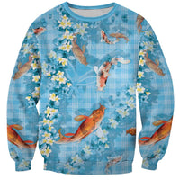 Blue Palaka Hawaiian And Japanese Sweatshirt Sakura Lei With Koi Fish DT05 Unisex Blue - Polynesian Pride