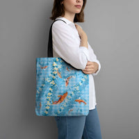 Blue Palaka Hawaiian And Japanese Tote Bag Sakura Lei With Koi Fish - Polynesian Pride