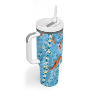 Blue Palaka Hawaiian And Japanese Tumbler With Handle Sakura Lei With Koi Fish - Polynesian Pride