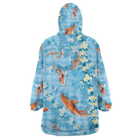 Blue Palaka Hawaiian And Japanese Wearable Blanket Hoodie Sakura Lei With Koi Fish DT05 - Polynesian Pride