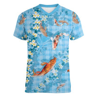 Blue Palaka Hawaiian And Japanese Women V-Neck T-Shirt Sakura Lei With Koi Fish DT05 Female Blue - Polynesian Pride