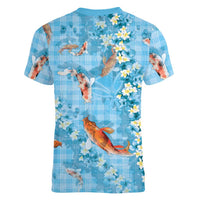Blue Palaka Hawaiian And Japanese Women V-Neck T-Shirt Sakura Lei With Koi Fish DT05 - Polynesian Pride
