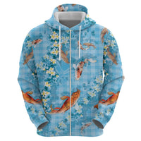 Blue Palaka Hawaiian And Japanese Zip Hoodie Sakura Lei With Koi Fish DT05 - Polynesian Pride