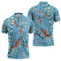Blue Palaka Hawaiian And Japanese Zipper Polo Shirt Sakura Lei With Koi Fish - Polynesian Pride