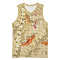 Beige Palaka Hawaiian And Japanese Basketball Jersey Sakura Lei With Koi Fish DT05 Unisex Beige - Polynesian Pride