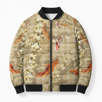 Beige Palaka Hawaiian And Japanese Bomber Puffer Jacket Sakura Lei With Koi Fish DT05 Unisex Beige - Polynesian Pride