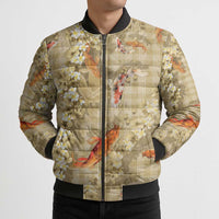 Beige Palaka Hawaiian And Japanese Bomber Puffer Jacket Sakura Lei With Koi Fish DT05 - Polynesian Pride