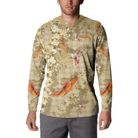 Beige Palaka Hawaiian And Japanese Button Sweatshirt Sakura Lei With Koi Fish DT05 - Polynesian Pride