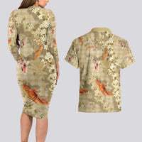 Beige Palaka Hawaiian And Japanese Couples Matching Long Sleeve Bodycon Dress and Hawaiian Shirt Sakura Lei With Koi Fish - Polynesian Pride