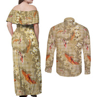 Beige Palaka Hawaiian And Japanese Couples Matching Off Shoulder Maxi Dress and Long Sleeve Button Shirt Sakura Lei With Koi Fish - Polynesian Pride
