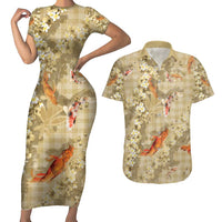Beige Palaka Hawaiian And Japanese Couples Matching Short Sleeve Bodycon Dress and Hawaiian Shirt Sakura Lei With Koi Fish - Polynesian Pride