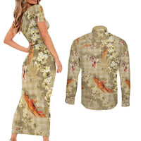 Beige Palaka Hawaiian And Japanese Couples Matching Short Sleeve Bodycon Dress and Long Sleeve Button Shirt Sakura Lei With Koi Fish - Polynesian Pride