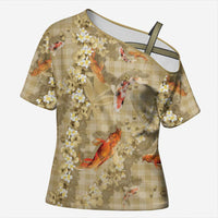 Beige Palaka Hawaiian And Japanese Cross Shoulder Shirt Sakura Lei With Koi Fish DT05 Female Beige - Polynesian Pride