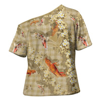 Beige Palaka Hawaiian And Japanese Cross Shoulder Shirt Sakura Lei With Koi Fish DT05 - Polynesian Pride