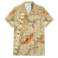 Beige Palaka Hawaiian And Japanese Family Matching Long Sleeve Bodycon Dress and Hawaiian Shirt Sakura Lei With Koi Fish - Polynesian Pride