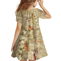 Beige Palaka Hawaiian And Japanese Family Matching Off The Shoulder Long Sleeve Dress and Hawaiian Shirt Sakura Lei With Koi Fish - Polynesian Pride