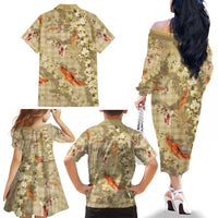 Beige Palaka Hawaiian And Japanese Family Matching Off The Shoulder Long Sleeve Dress and Hawaiian Shirt Sakura Lei With Koi Fish - Polynesian Pride